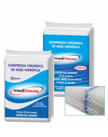 Compressa de Gaze 7,5x7,5 13 Fios Não Estéril pct c/500 un. Medi-House