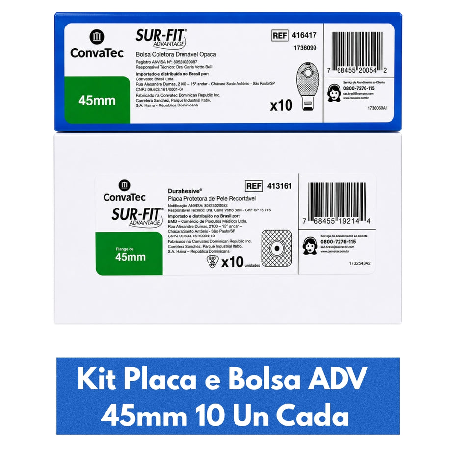 Kit Bolsa + Placa de Colostomia Sur-fit Advantage 45mm Caixa c/10 Un cada Convatec