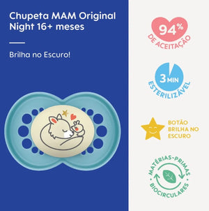 Chupeta Night com botão que brilha no escuro Cores 16+ meses MAM