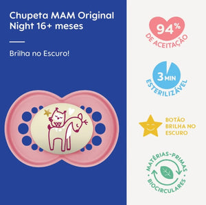 Chupeta Night com botão que brilha no escuro Cores 16+ meses MAM