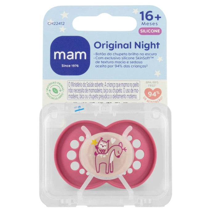 Chupeta Night com botão que brilha no escuro Cores 16+ meses MAM