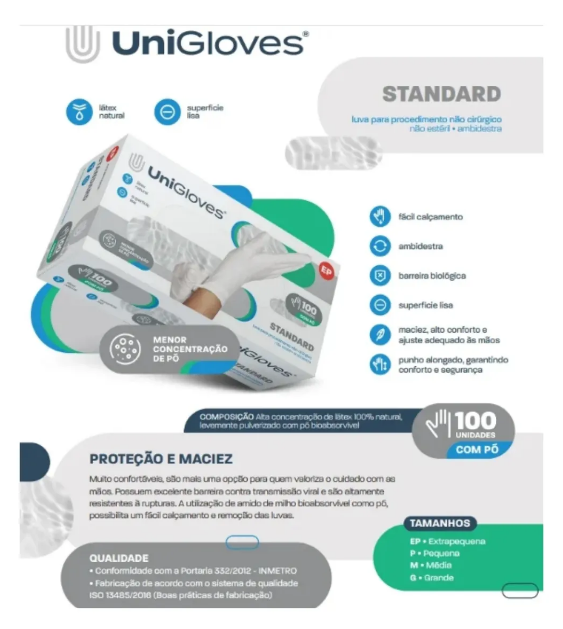 Luva De Procedimento Com Pó Standard Com 100 Unidades UniGloves
