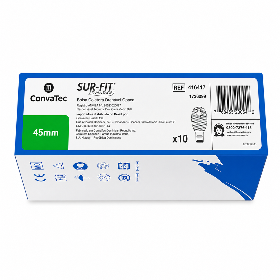Kit Bolsa + Placa de Colostomia Sur-fit Advantage 45mm Caixa c/10 Un cada Convatec