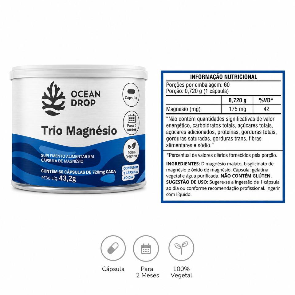 Trio Magnésio 60 Cápsulas Ocean Drop