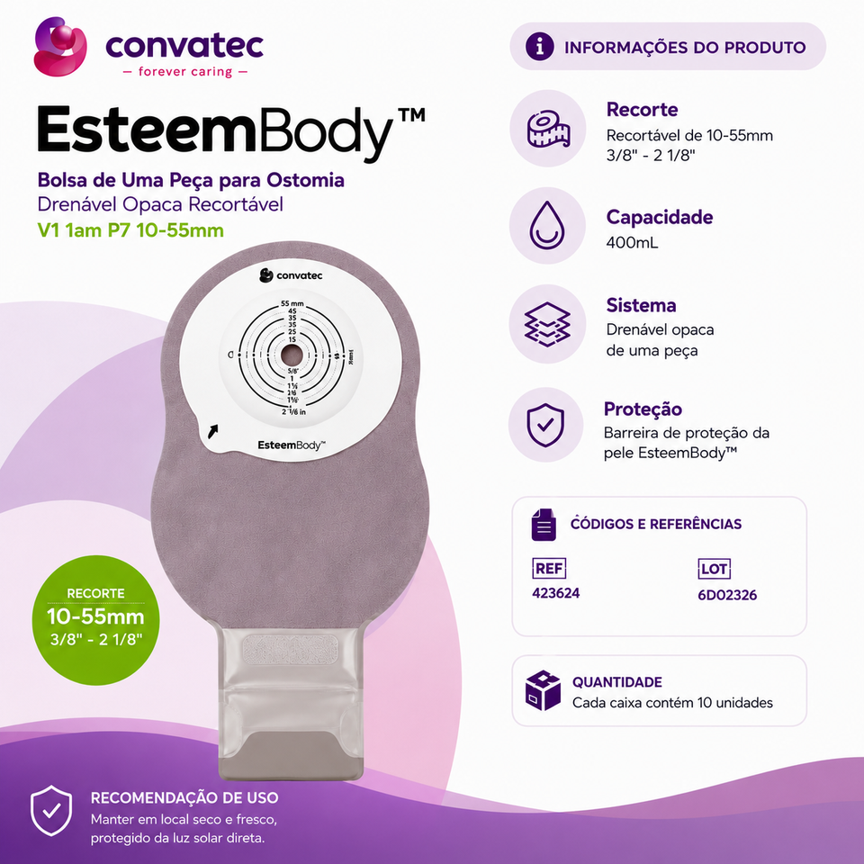 Bolsa Esteem Body Opaca 10-55mm Recortável Cx c/10 Un Convatec