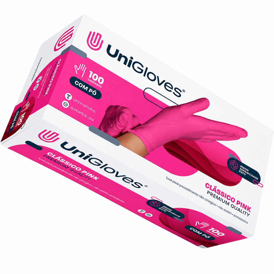 Luva De Procedimento Com Pó Premium Pink Com 100 Unidades UniGloves