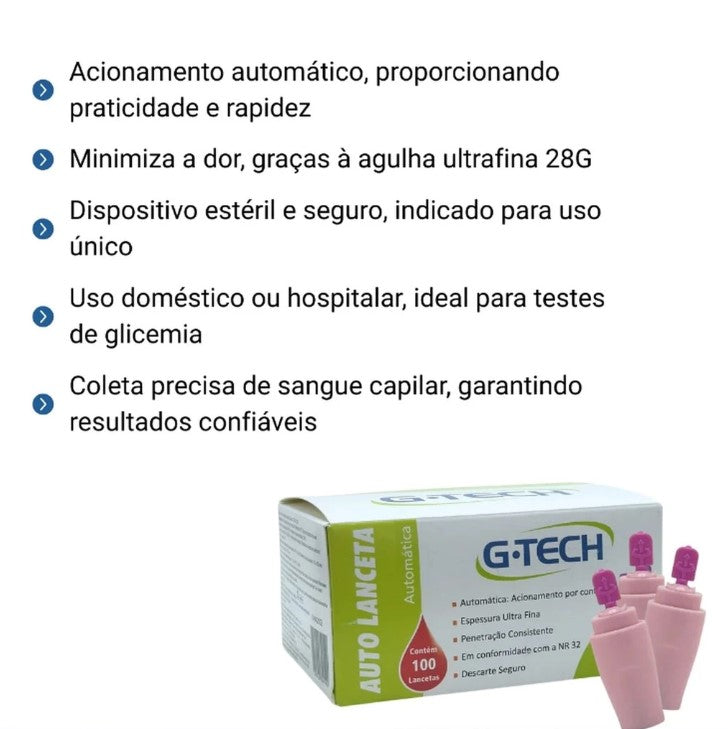 Autolanceta Automática Ultra Fina 28g Com 100 Un Rosa G-tech