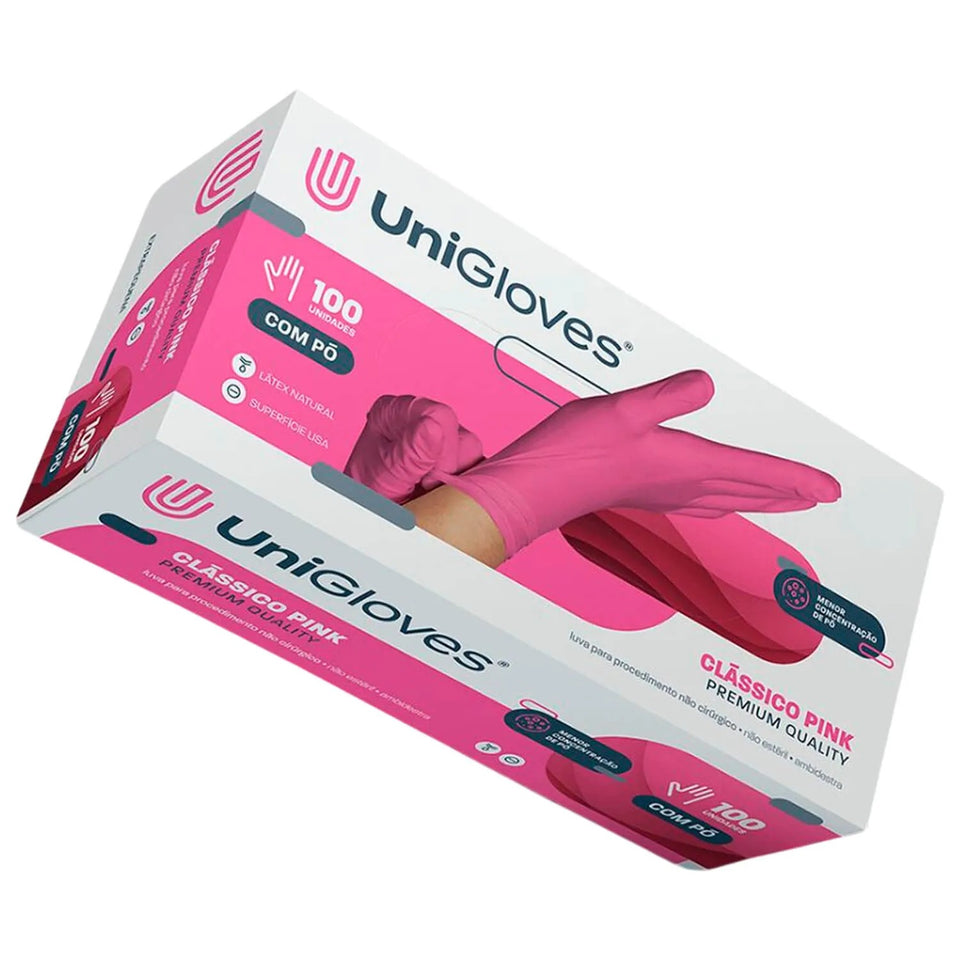 Luva De Procedimento Com Pó Premium Pink Com 100 Unidades UniGloves